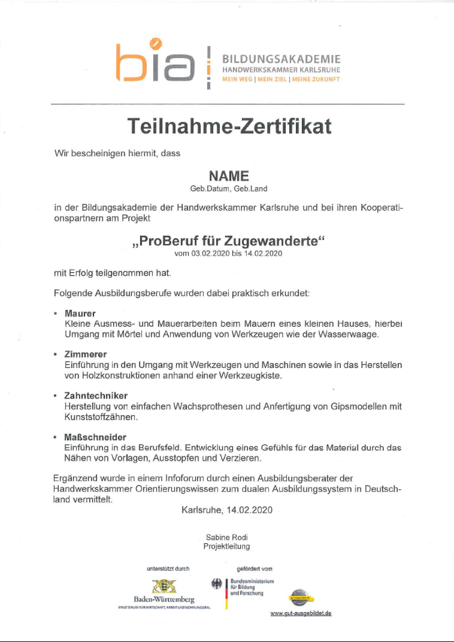 Teilnahmezertifikat ProBeruf Zugewanderte